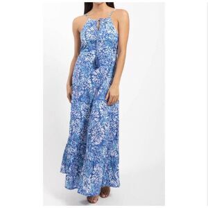 Jude Connally Anita Midi Dress Maxi Blue White Floral Tiered Cotton Medium Long